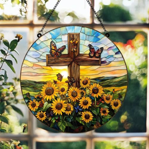 Cross Stained Glass Sun Catcher, 8 Inch Window Hanging Christian Gifts Cross and Sunflower