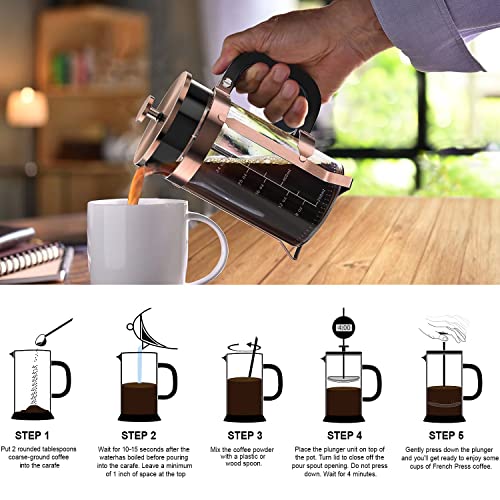 QUQIYSO French Press 34oz, Stainless Steel and Thickened Glass Coffee Maker Copper