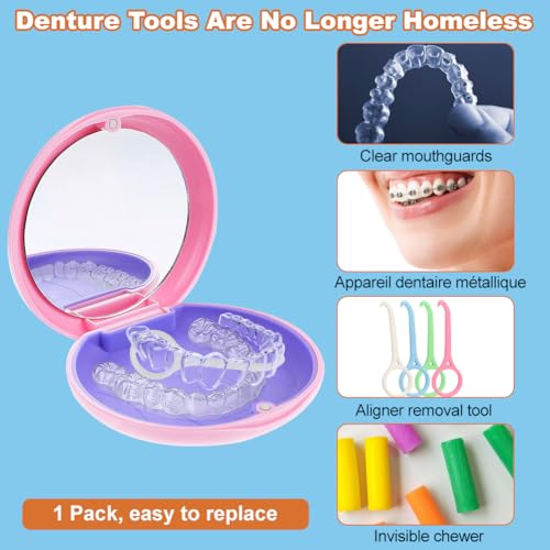 Braces Box, Portable Tooth Splint Box with Mirror, Empty Orthodontic Teeth Holder Box for Holder and Mouth Guard with Tool for Removing Aligners (Pink) Pink