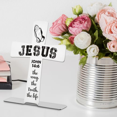Jesus Cross Decor with John 14:6 Scripture - The Way The Truth The Life Inspirational Christian Tabletop Cross for Prayer Room Church Religious Faith Gift Decorative Signs-DX439