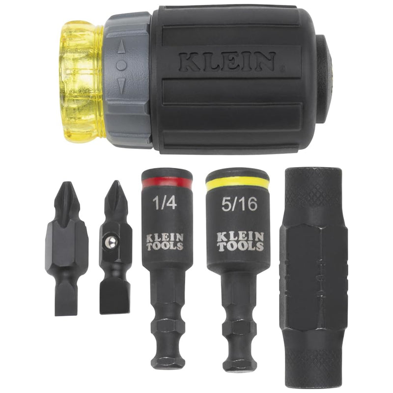 [Australia - AusPower] - Klein Tools 32561HDRT KNECT 7-in-1 Ratcheting Screwdriver, Impact Rated, Stubby with Phillips, Slotted Bits, 3 Nut Drivers, Adapter, 7-Piece 
