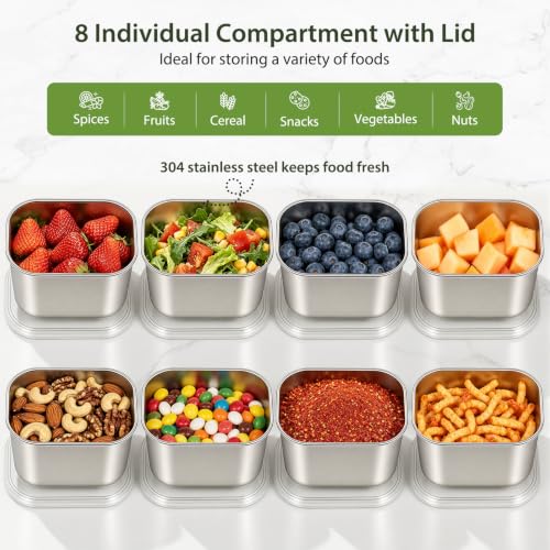 Snackle Box Container, 8 Stainless Steel Compartments with Individual Lids 8 Compartment(8.5"L x 6.6"W x 5.6"H)