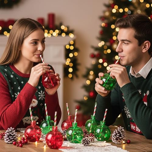 Potchen 24 Christmas ornament cups with straws in festive colors, 250 ml capacity, perfect for holiday celebrations