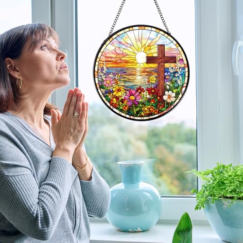Rngmsi Cross Flower Stained Glass Sun Catcher 8 Inch Window Home Decor Religious