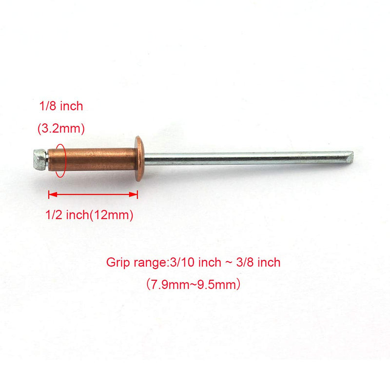 [Australia - AusPower] - 60pcs 1/8 x 1/2 Inch (3.2x12mm) Red Copper Blind Rivet Self-Plugging Open End Dome Head Decorating Fastener Nails Pop Rivets Core Pulling Rivets Grip Pange 5/16-3/8 Inch (7.9-9.5mm) 3.2x12mm 60PCS 