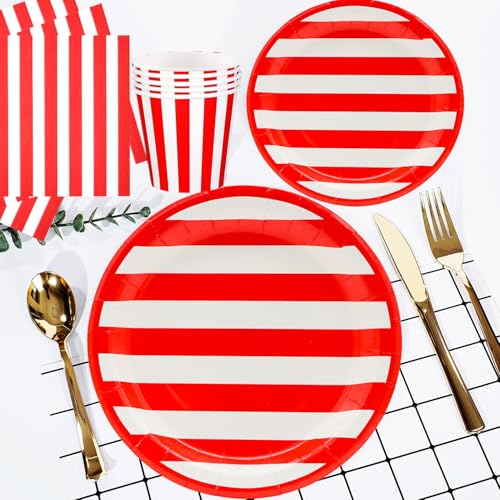 175Pcs Red and White Stripes Party Supplies Set 9"Red and White Striped Plates7"Red carnival Plates Napkins Cup Knive Fork Spoon for Striped Carnival Picnic BBQ Independence Day Party Decor Serve25