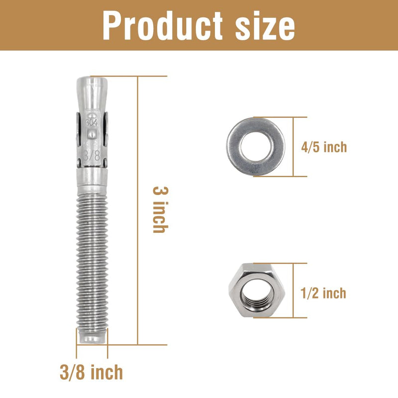 [Australia - AusPower] - 3/8"x3" Wedge Anchor for Concrete and Cement, Stainless Steel Screw Bolt Expansion Fastener for Industrial, Heavy Duty Wall Anchor, 8 pcs 3/8"x3" 