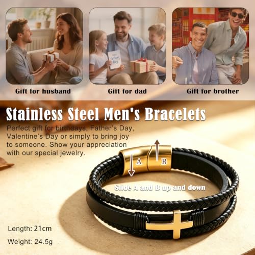 Men's Bracelets, 21cm Multi-Layer Braided PU Leather Bracelet Mann Cross - Gold