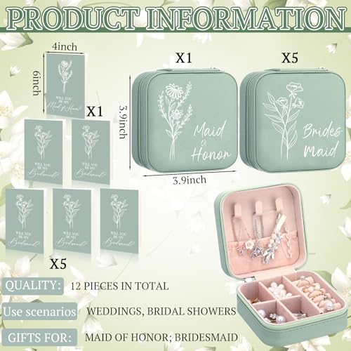 MotiMind 6 Sets Bridesmaid Proposal Gifts Jewelry Travel Bridesmaid Boxes Gifts Wedding Maid of Honor Matron Bridal Shower Jewelry Boxes for Women with Invitation Card(Sage Green) Sage Green