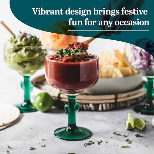 Libbey 3620JS Cactus Margarita Glasses Set of 4, Durable Green Stemmed Cocktail Glasses, 16 Oz Clear Bowl Lead-Free Cactus Glassware Cactus Stemed 4