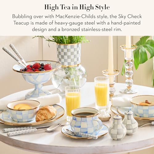 MACKENZIE-CHILDS Enamel Teacup, Unique Coffee and Tea Mug, Enamel Cup for Hot Tea, 10 Ounces, Light-Blue-and-White Sky Check
