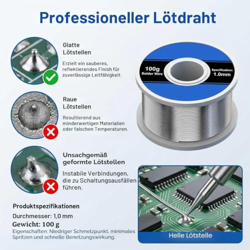 Solder with Flux 1mm 100g, Stable and Precise Welding | Solder wire for circuit boards, electronics repair, DIY, low temperature solder with rosin core for clean, stable soldering