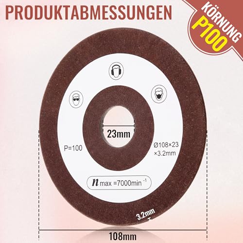 BBTO Pack of 2 Replacement Sanding Discs Compatible with Einhell | 108 mm diameter, 23 mm shank, P100 grit, saw chain sharpener grinding disc compatible with Einhell