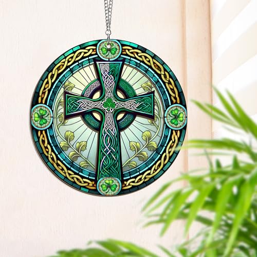 FLAGWIX Irish Gifts for Women, Celtic Cross Suncatcher Ornament 8 in Green - Celtic Cross