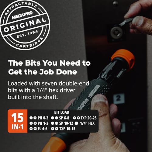 Megapro elevator multi-bit screwdriver with ¼-inch hex shaft and Phillips, flat, spanner, and Torx pin bits
