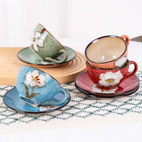 8 Oz Floral Porcelain Cappuccino Cups with Saucers Set of 4, Stoneware Tea Coffee Mugs for Home Kitchen & Office, Dishwasher Microwave Oven Safe, for Espresso, Latte, Americano, Milk & Tea, Mix