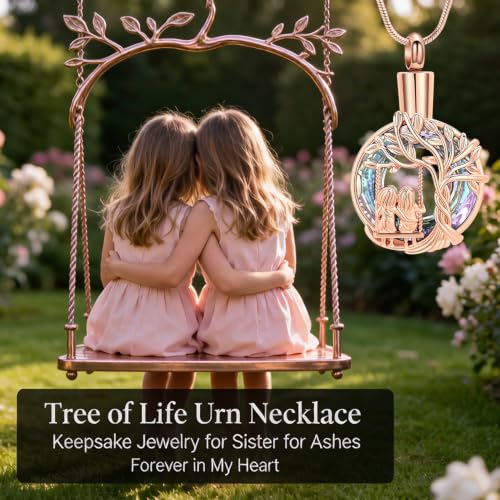 zeqingjw Tree of Life Urn Necklace Circle of Life Cremation Jewelry for Sisters Ashes Keepsake Funeral Memorial Ash Holder for Women Men Rose Gold-Purple