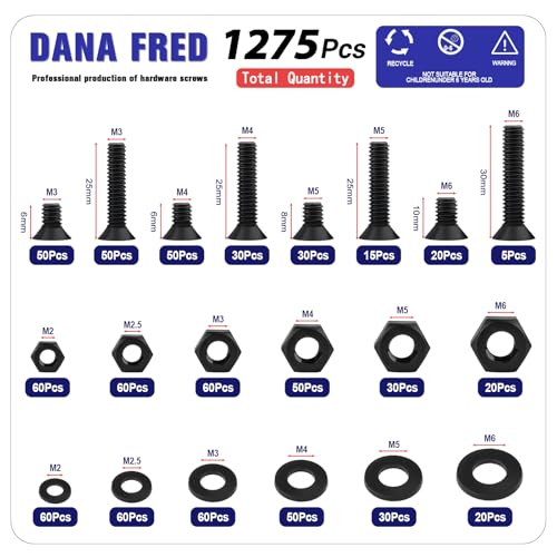 DANA FRED 1275-piece black nylon Phillips pan head screw, nut and washer assortment kit M2-M6