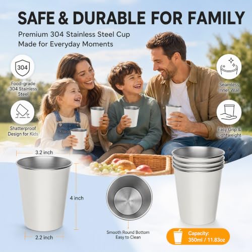 petnaisStainless Steel Cups 11.83 oz for Kids and Adult drinking cup 11.83 ounces 4 Pack White Large Stainless Steel