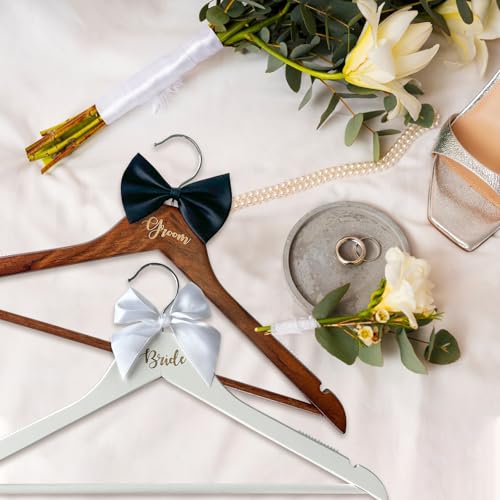 Groom Bride Hanger for Wedding Dress or Suit - 2 Pack Wedding Hangers Gifts Accessories - Bridal Hanger with Bow Tie & Exquisite Wrist Flower for Bridal Party White/Black