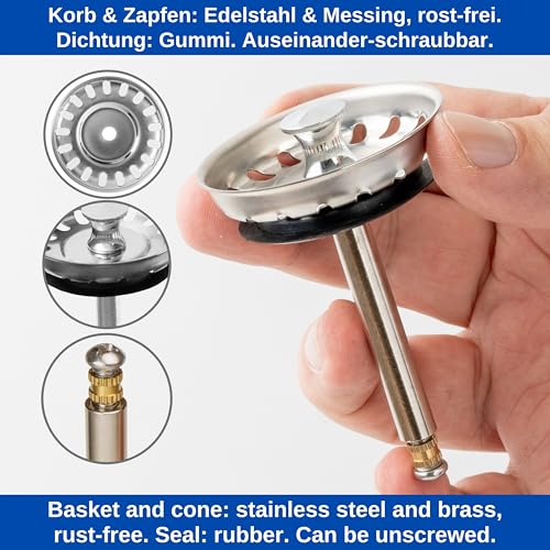 Sink Strainer Basket, 1 Pack, Diameter 52 mm Strainer Basket, Stainless Steel, Eccentric Spigot Protrudes 27-57 mm Deep into the Drain, Diameter 8 mm Pin, Replacement Part for Kitchen Sinks, Kitchen Drain Strainer Ø 52 mm, 27 - 57 mm Pin