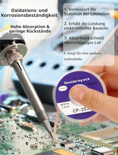 Pack of 3 Desoldering Braids - Copper Desoldering Wire (1.5 mm x 3 m, 2.5 mm x 3 m, 3.5 mm x 3 m) | Ideal for Desoldering and Removing Solder at Solder Points | High Thermal Conductivity Soldering Braid