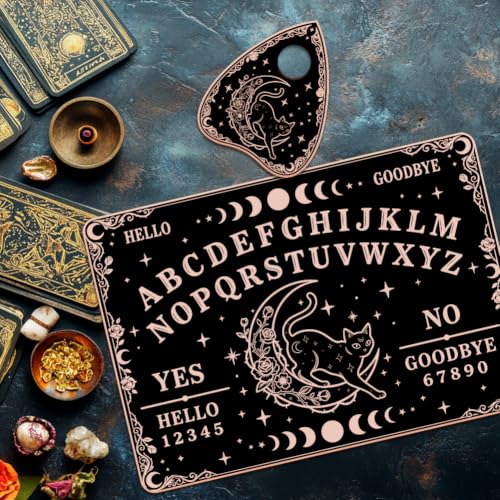 WEBEEDY 2pcs Wooden Spirit Board Moon Cat Pattern Talking Board with Heart Planchette Dowsing Divination Tool Altar Decor for Halloween Party Mystical Spiritual Gift for Beginners