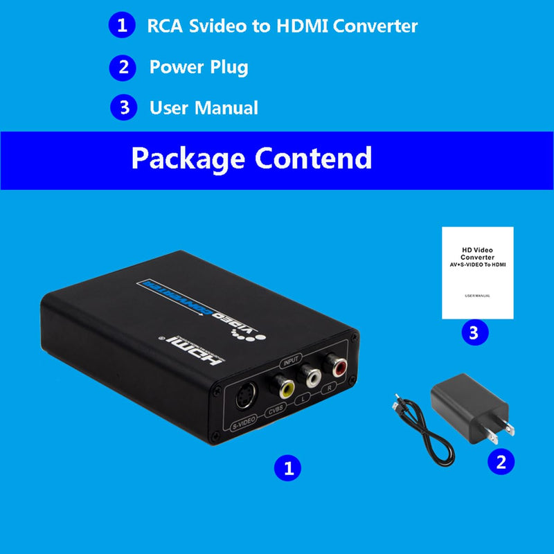 3RCA AV CVBS Composite & S-Video R/L Audio to HDMI Converter Adapter with 4 : 3/16 : 9 Aspect Ratio Switch /3.5mm Audio / 480P/576P/720P/1080P Output Switch for VHS/VCR/DVD Player to View on HDMI TVs