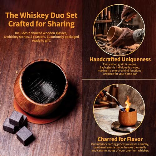Charred Wooden Bourbon Glasses Set of 2 Whiskey Old Fashioned - Oak Tumblers with Stones & Coasters - Gifts for Men, Dad, Groomsmen, Brother & Whiskey Lovers 2 Pack Charred