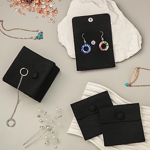 Bonuci Microfiber Jewelry Pouch 8x8cm, Jewelry Packaging Bag Luxury Small Gift Bags Package Snap Button with Divider Microfiber Bag for Bracelet Necklace Packaging Black 80