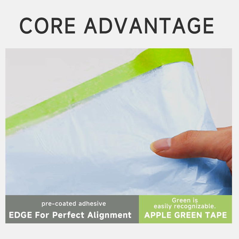 Pre-Taped Masking Film with Static Cling 35.4" x 98FT 1 Roll, Blue Paint Protection Plastic Sheeting with Green Tape for Cars, Walls, Windows, Furniture, No Residue