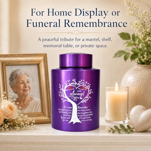 Purple Medium Urns for Human Ashes Up to 60 Cubic Inches, Small Cremation Urn for Ashes Adult Female Male, Decorative Stainless Steel Funeral Burial Memorial Urn with Two Cardinal Birds Purple