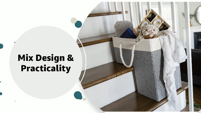 Stair Basket 16" x 16" x 10" Basket for Stairs with 3 Foldable Sections, Durable Cotton Collapsible Storage Bins, Stair Storage Organizer White