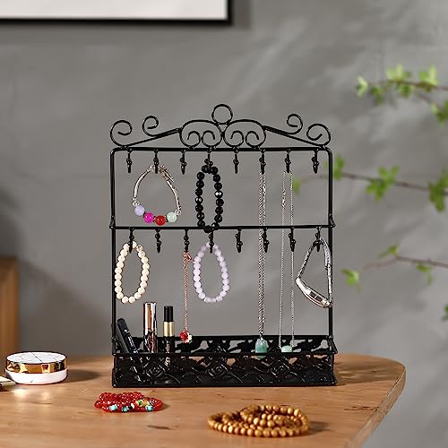 Black Metal Jewelry Holder Organizer Stand Necklace Holder Stand with 32 Hooks and Tray for Woman Rose Tray