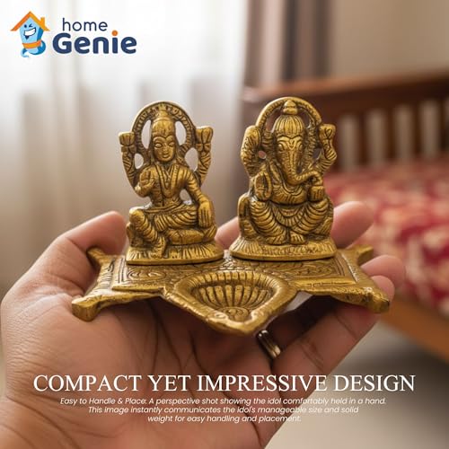 HOME GENIE Lakshmi Ganesh Diya for Pooja Room, Home Temple, Festive Decoration & Spiritual Gifting | Metal Oil Lamp with Deity Figures | Intricately Carved | Golden Finish