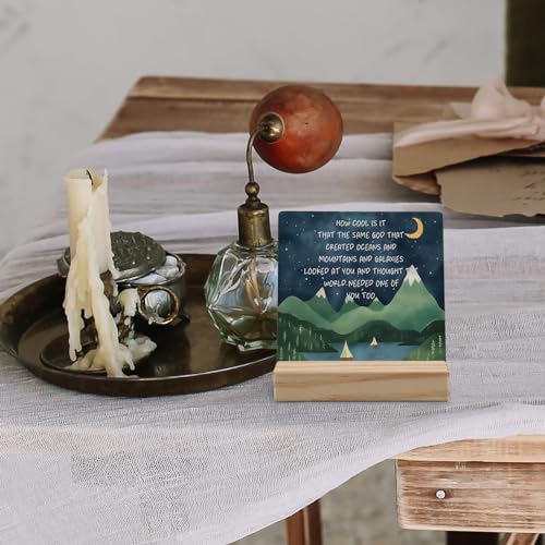 Inspirational Desk Decor, Mountain Moon Night Motivational Quote Wood Plaque, Positive How Cool is It That the Same God Wooden Plaque Sign with Wood Stand for Home Kids Room Nursery Decor