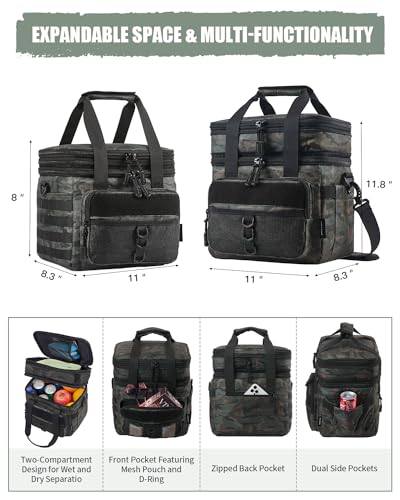 JOYHILL 18L green camo lunch box for men, expandable double deck tactical bag with multiple compartments and sturdy handles.