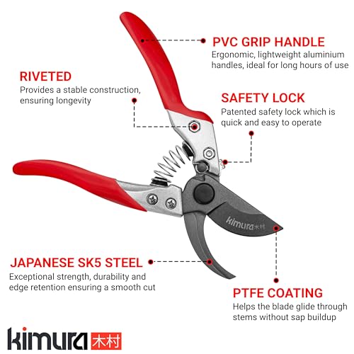 Kimura 8-inch bypass pruning shears with Japanese SK5 steel blades and non-slip PVC coated handles