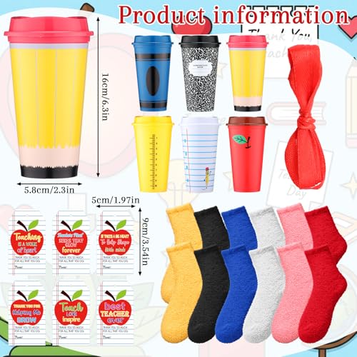 Hushee 6 Sets/ 18 Pcs Teacher Appreciation Gifts Set Thank You Gifts from Student Funny 16 oz Teacher Coffee Cup Fuzzy Socks Apple Card with 20 OPP Bags for Women Men Graduation End of Year