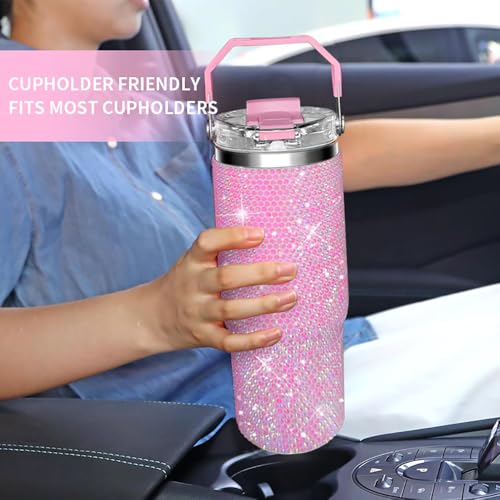 Bling Rhinestone Studded Tumbler with Top Handle, Bling Cups Stainless Steel Water Bottle Diamond Glitter Tumbler for Women - Birthday Gifts for Women, Mom,Get Well Soon Gifts (Pink) Pink