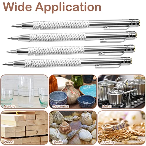 4 Pcs Tungsten Carbide Etching Tool with 20 Replacement Tips, Aluminium Carbide Engraving Pen With Clip, Metal Engraving Tool for Glass Ceramics and Hardened Steel Sheet silver