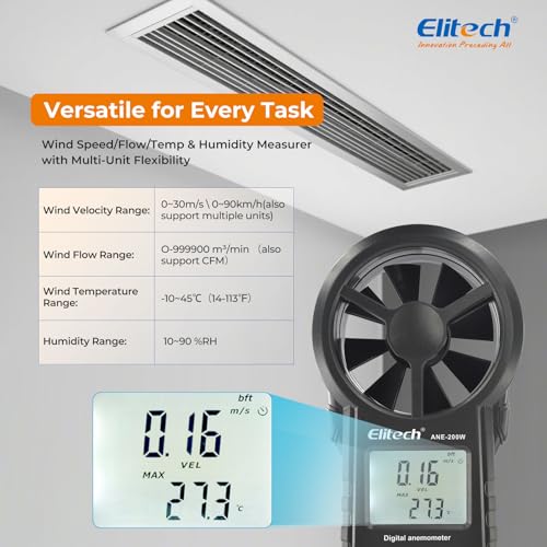 Elitech Bluetooth Wind Gauge, Digital Anemometer Wind Speed Measurement Temperature, USB Data Export, CFM/CMM Air Flow Measurement for HVAC & Environmental Testing ANE-200W