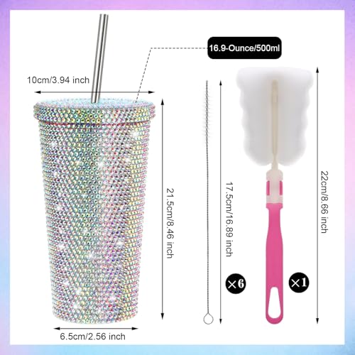 Bling Cup with Rhinestone, 17 Oz Sparkly Tumbler with Lid, Stainless Steel Glitter Thermal Drinking Water Bottle with 1 Pcs Brush 6 Pcs Straw Brushes Bling Gift for Girls Women (Pack of 2) 17 Ounces (Pack of 2)