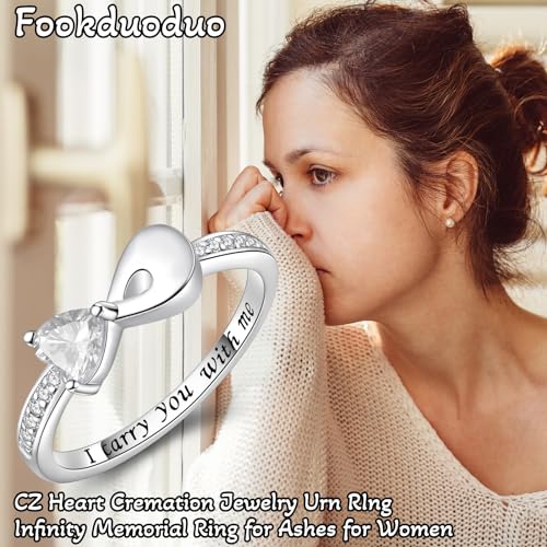 Fookduoduo Infinity Cremation Ring for Ashes - 925 Sterling Silver Cremation Urn Jewelry I Carry You with me Memorial Keepsake Locket Rings for Human/Pet Ash write CZ 6