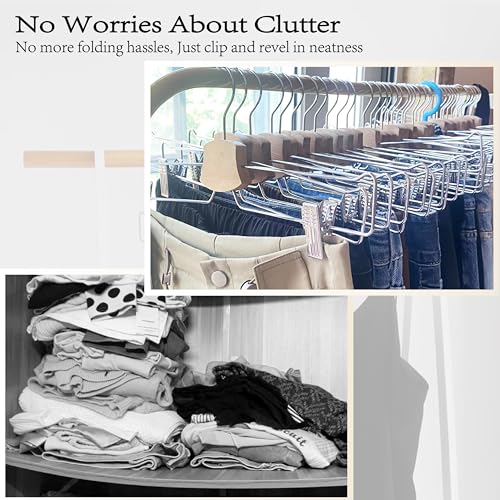 10 Pack Pants Hangers, 14" Adjustable Clip Pant Hanger Heavy Duty with 360°Swivel Hook - Solid Wood & Metal Closet Organizer, Space Saving Hanger for Pants, Skirts, Underwear, Scarves