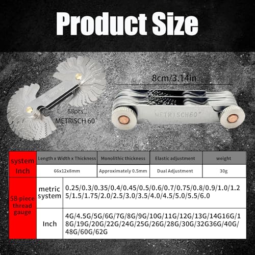 52 Sheets Stainless Steel Thread Gauge Metric 60 Degrees 0.25 - 6.0 mm and Inch 55 Degree 4G - 62G Thread Template Fine Thread Measuring Tool, Radius Gauge, Measuring Tools, Metric 24 Sheets and Inch 28 Sheets