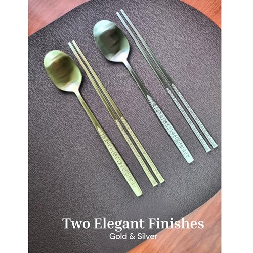 ONGI Korean Spoon and Chopstick 1 Set – Premium 18/10 Titanium Gold – Hangul Design – Gift-Ready – Made in Korea – Dishwasher Safe (Yongbi Gold 2 Set)
