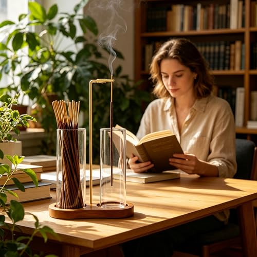 Incense Holder, Hang Upside Down Incense Sticks Burner Holder Storage with Glass Ash Catcher,Ideal Gift (Brown) Brown