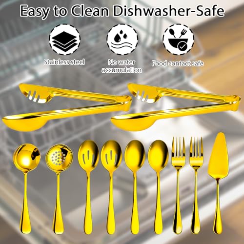 11 PCS Serving Utensils Stainless Steel Large Serving Utensils Set Spoons, Slotted Spoons, Forks, Tongs, Soup Ladle and Cake Server for Buffet Party Catering Gold