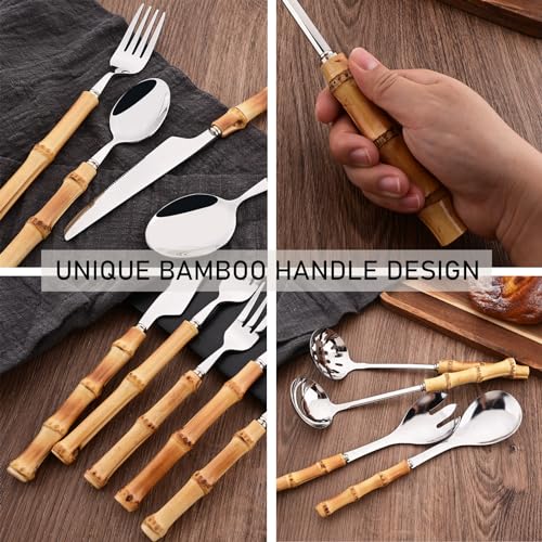 30PCS Silverware Set for 6, Bamboo Handle Flatware Set, Stainless Steel Cutlery Set for Home Restaurant and Party, Bamboo Forks Spoons and Knives Set, Polished Tableware 30-Piece Service for 6